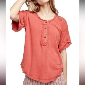 We The Free Boho Coral Henley Linen/Cotton Ribbed Tee